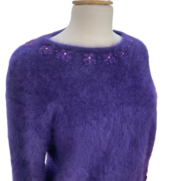 Vintage Angora Wool Sweater Purple Embroidered Flower Gems Dark Fairycore-L - Picture 4 of 14